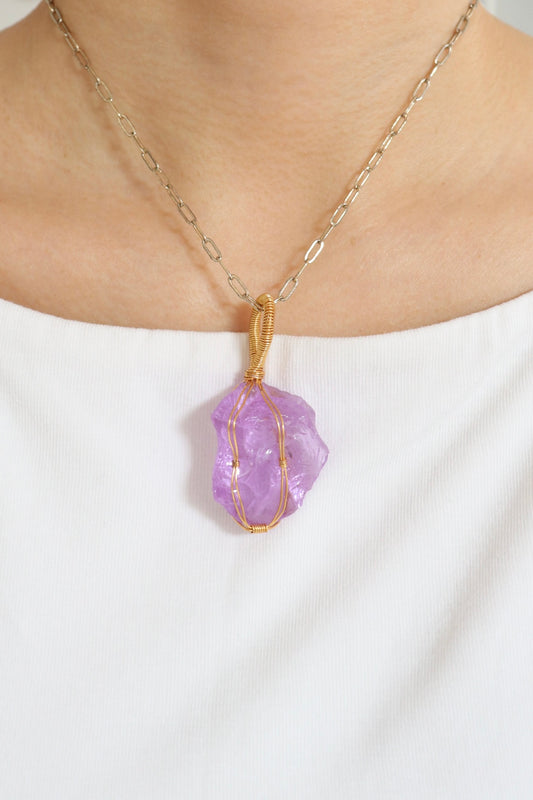 ｜人手繞線｜Andara 蘭花紫色水晶吊墜(15.3g)｜Andara Orchid Crystal Pendant (15.3g) With Hand Wrapped Wire
